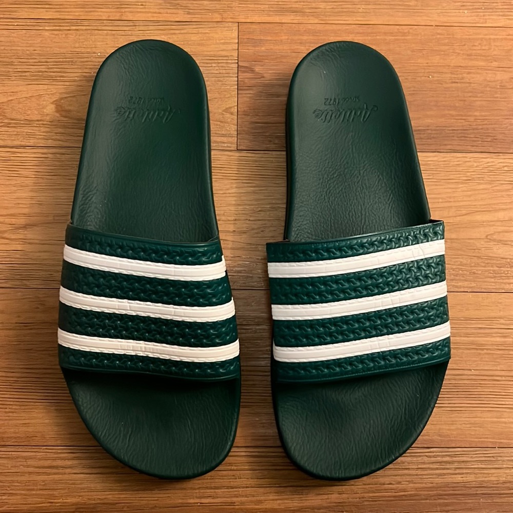 Mens Dark Green White Adidas Adilette Sandals Slides 11